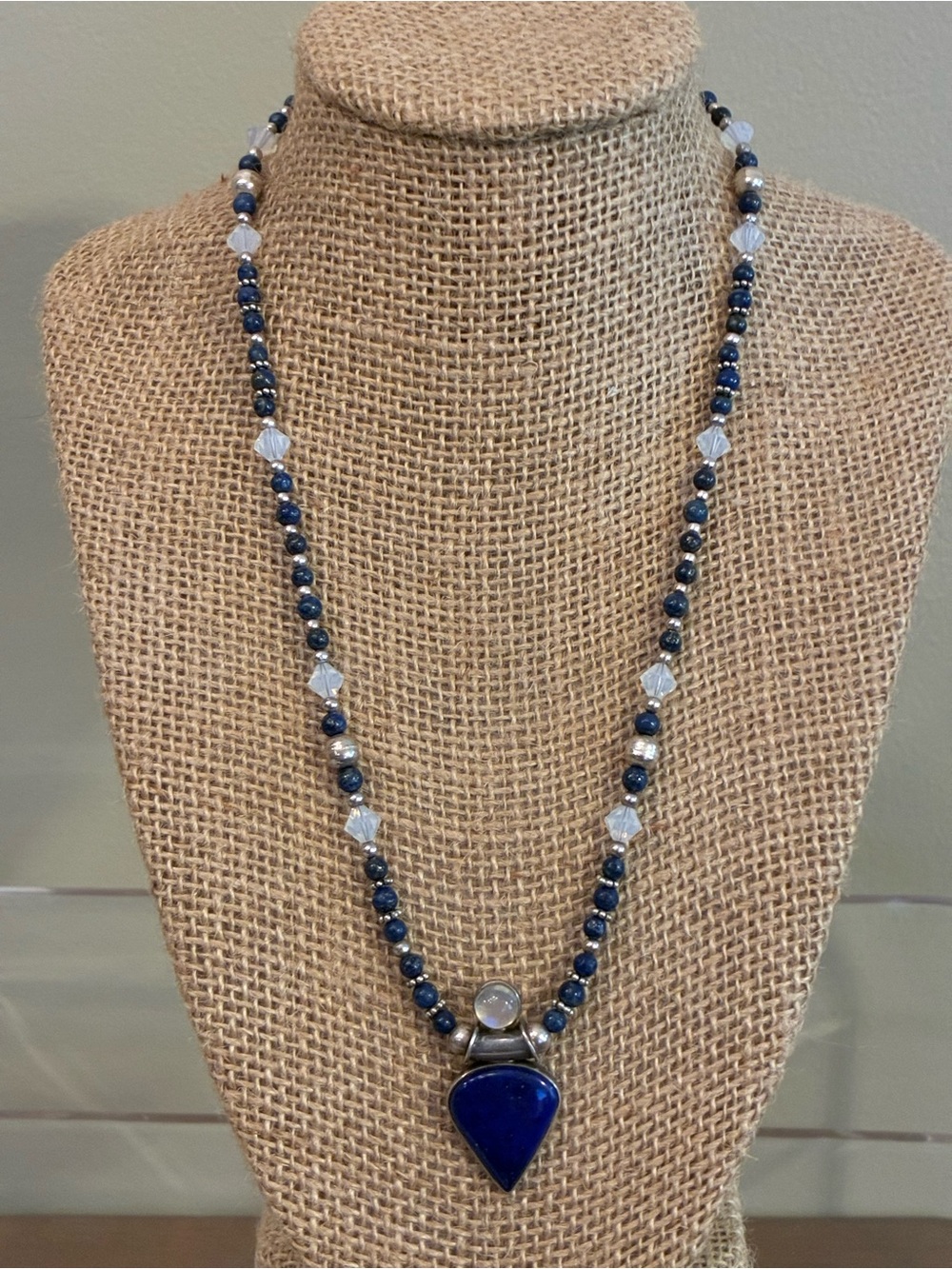 Blue Lapis and Moonstone .925 Sterling Silver Pendant Beaded Necklace